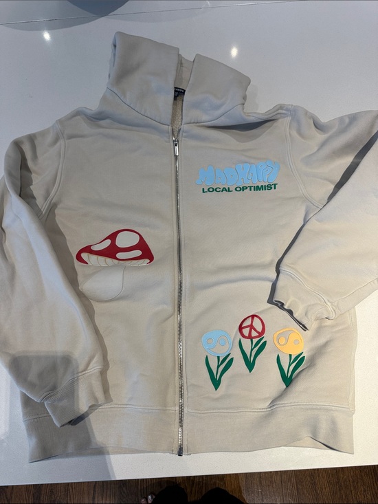 Madhappy Tops - Madhappy Cream Zip-Up Sweatshirt with Mushroom & Flower Prints